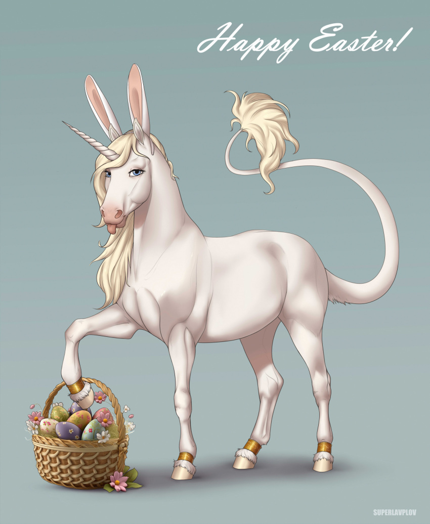 2023 ambiguous_gender basket blonde_hair blonde_mane blue_eyes bunny_costume clothing container costume digital_media_(artwork) easter easter_egg equid equine feral hair hi_res holidays hooves horn looking_at_viewer mammal mane solo superlavplov tail tongue tongue_out unicorn white_body yellow_tail