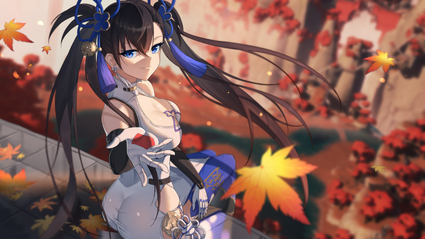 1girl absurdres ass bare_shoulders black_gloves black_hair blue_eyes blue_thighhighs blurry blurry_background breasts brown_hair china_dress chinese_clothes cleavage cleavage_cutout closed_mouth clothing_cutout dai_mao_xuan_yi depth_of_field dress earrings elbow_gloves flower_knot gloves hair_ornament hand_up highres jewelry large_breasts leaf long_hair looking_at_viewer looking_back maple_leaf outdoors parted_bangs pelvic_curtain sitting sleeveless sleeveless_dress smile solo tassel tassel_hair_ornament thighhighs thighs tower_of_fantasy twintails twisted_torso very_long_hair white_dress yulan_(tower_of_fantasy)