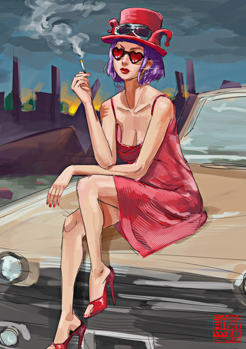 1girl absurdres aliasartworks belo_betty breasts car cigarette city cleavage english_commentary goggles goggles_on_headwear hat heart heart-shaped_eyewear high_heels highres motor_vehicle one_piece purple_hair red_footwear red_lips red_nails short_hair sitting_on_car smoke solo sunglasses