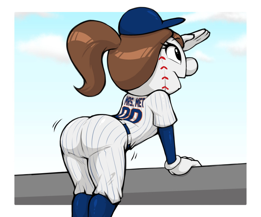 2023 ball baseball_(ball) baseball_cap baseball_uniform brown_hair butt butt_focus clothing denzeltip female for_a_head hair hat headgear headwear hi_res humanoid leaning leaning_forward mascot mlb mrs._met new_york_mets not_furry object_head ponytail solo sportswear uniform