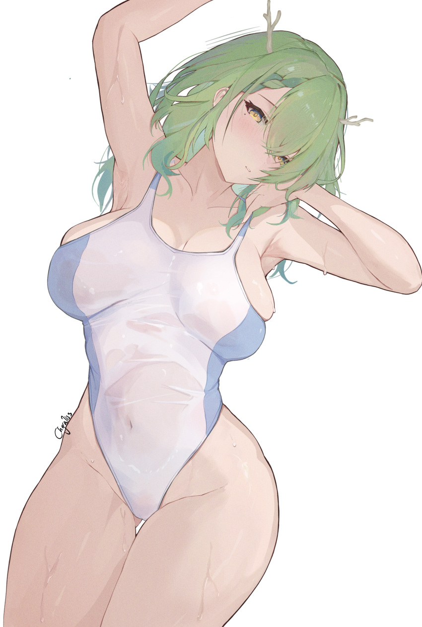 1girl absurdres breasts ceres_fauna chyraliss competition_swimsuit covered_navel green_hair groin highleg highleg_swimsuit highres hololive large_breasts looking_at_viewer mole mole_under_eye one-piece_swimsuit simple_background solo swimsuit thigh_gap thighs virtual_youtuber white_background yellow_eyes