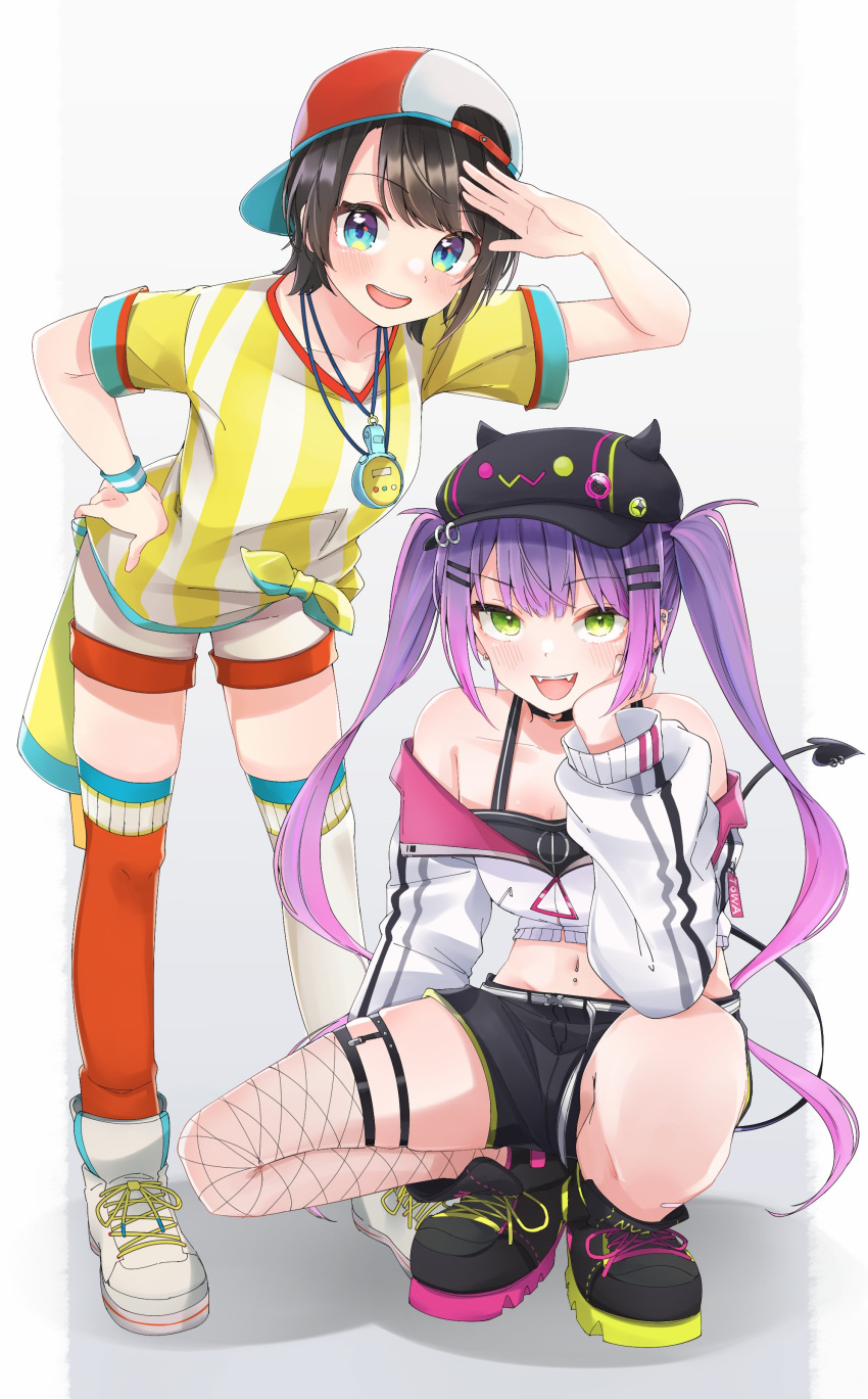 2girls absurdres aqua_eyes arm_up asymmetrical_legwear backwards_hat baseball_cap black_choker black_footwear black_headwear black_shorts black_tail breasts brown_hair character_name choker cleavage cropped_jacket demon_tail eyelashes fake_horns fangs fishnet_thighhighs fishnets full_body gradient_hair green_eyes grey_background gunsou1350 hair_ornament hairclip hand_on_own_hip hand_up hat highres hololive horned_headwear horns jacket jersey leaning_forward long_sleeves looking_at_viewer medium_breasts mismatched_legwear multicolored_hair multiple_girls navel navel_piercing o-ring o-ring_choker off_shoulder oozora_subaru orange_thighhighs parted_bangs partially_unzipped piercing pink_hair purple_hair salute shadow shirt shoes short_hair short_shorts short_sleeves shorts sidelocks single_thighhigh skindentation sneakers squatting standing stopwatch stopwatch_around_neck striped striped_shirt swept_bangs tail tail_ornament tail_piercing thighhighs thighs tied_shirt tokoyami_towa twintails virtual_youtuber white_footwear white_jacket white_shirt white_shorts white_thighhighs yellow_shirt