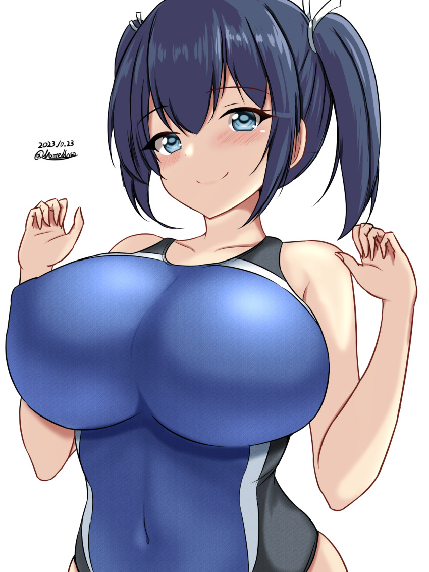 1girl black_one-piece_swimsuit blue_eyes blue_hair blue_one-piece_swimsuit blush breasts competition_swimsuit covered_navel dated hair_ribbon highleg highleg_swimsuit highres impossible_clothes impossible_swimsuit kantai_collection large_breasts looking_at_viewer montemasa multicolored_clothes multicolored_swimsuit one-hour_drawing_challenge one-piece_swimsuit ribbon short_hair simple_background smile solo souryuu_(kancolle) swimsuit twintails twitter_username two-tone_swimsuit upper_body white_background