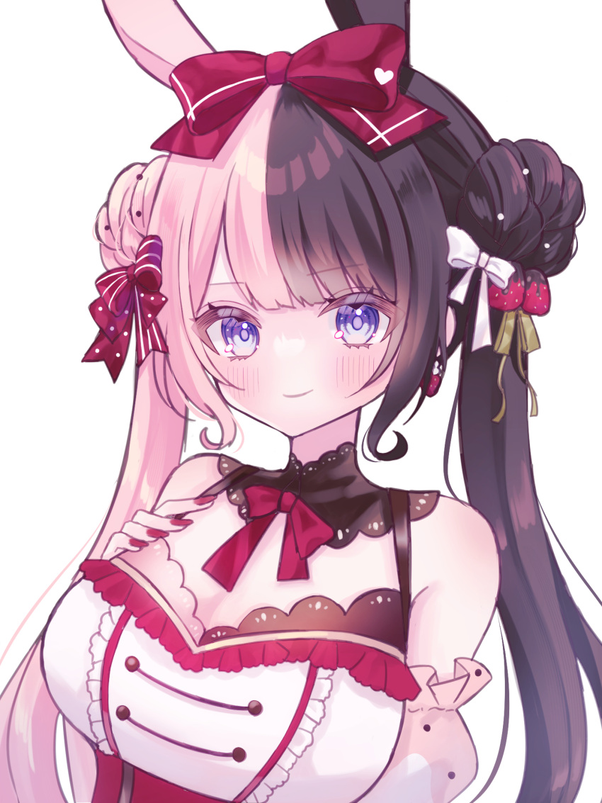 1girl blue_eyes blush bow breasts brown_hair cleavage corset detached_sleeves double_bun food-themed_hair_ornament hair_bow hair_bun hair_ornament hand_on_own_chest highres hoshizaki_nagi iris_black_games long_hair looking_at_viewer medium_breasts multicolored_hair nail_polish pink_hair portrait red_bow red_corset red_nails simple_background smile solo split-color_hair strawberry_hair_ornament tachibana_hinano_(vtuber) twintails two-tone_hair virtual_youtuber vspo! white_background white_bow