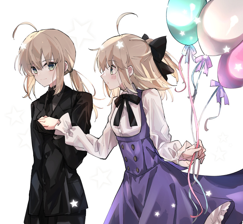 2girls absurdres ahoge artoria_pendragon_(fate) balloon black_bow black_gloves black_necktie black_ribbon black_suit blonde_hair blunt_bangs bow bubble_skirt dress fate/grand_order fate_(series) frilled_sleeves frills gloves grey_shirt hair_between_eyes hair_bow highres holding_hands looking_at_another medium_hair multiple_girls nayu_tundora neck_ribbon necktie official_alternate_costume official_alternate_hairstyle ponytail purple_dress ribbon saber saber_lily shirt short_dress sidelocks skirt suit white_background white_shirt