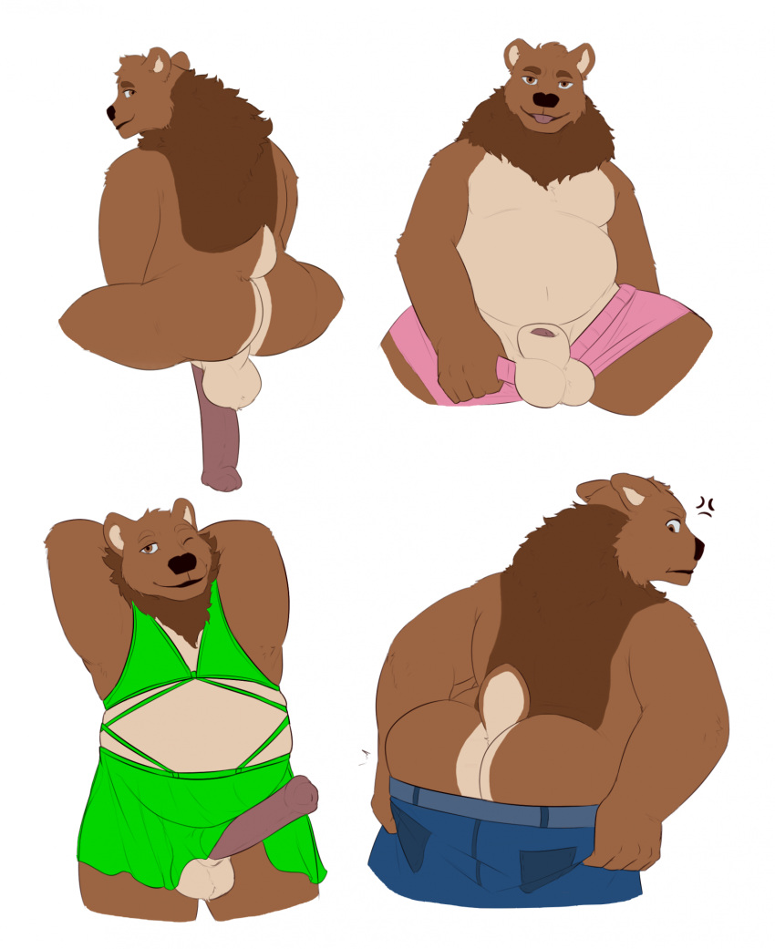 angry angry_expression animal_genitalia anthro balls bear bent_over big_butt big_penis bottomwear bottomwear_down brown_bear butt chubby_anthro chubby_belly chubby_male clothed clothing clothing_too_small denim denim_clothing dressing genitals grizzly_bear hair hands_behind_head hi_res himerosthegod jeans kuruk_(character) lace lingerie looking_at_viewer looking_back male mammal mane mane_hair nude one_eye_closed overweight overweight_anthro overweight_male pants partially_clothed penis penis_down pulling_up_pants rear_view sheath slightly_chubby solo struggling struggling_to_fit tight_bottomwear tight_clothing tongue tongue_out underwear underwear_down underwear_only ursine wink winking_at_viewer