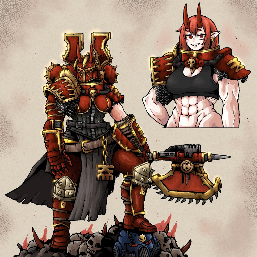 1girl abs adepta_sororitas adeptus_astartes armor axe breasts chain_axe chainmail chaos_(warhammer) cleavage fake_horns helmet highres horned_helmet horns loincloth looking_at_viewer looking_to_the_side muscular muscular_female octosoup pointy_ears power_armor red_eyes red_hair short_hair skull solo tank_top ultramarines warhammer_40k