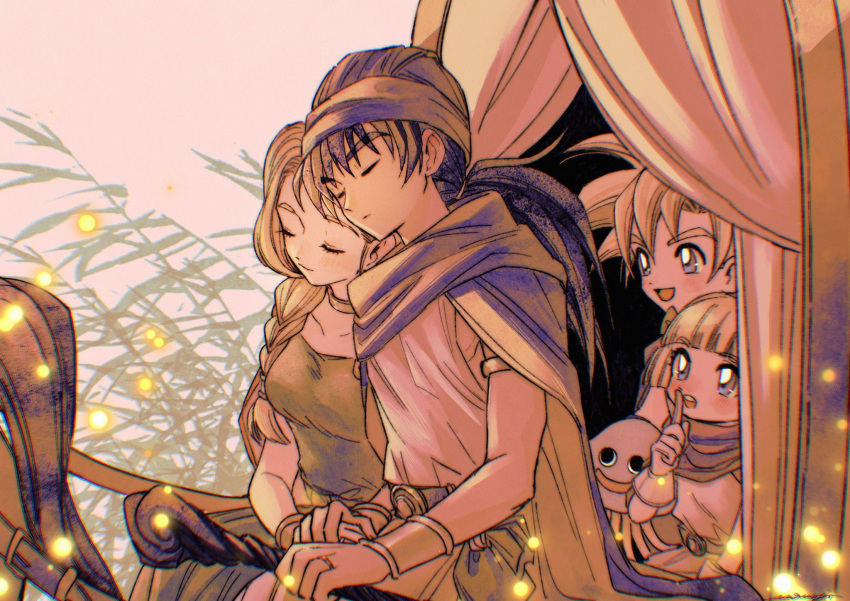 2boys 2girls armlet belt bianca_(dq5) black_hair blonde_hair blue_eyes blunt_bangs bow bracelet braid breasts cape child cloak closed_eyes collarbone commentary_request dragon_quest dragon_quest_v dress father_and_daughter father_and_son finger_to_mouth fireflies gloves green_dress hair_bow hair_over_shoulder heads_together healslime hero's_daughter_(dq5) hero's_son_(dq5) hero_(dq5) highres holding_hands husband_and_wife jewelry light_blush long_hair low_ponytail medium_breasts mother_and_daughter mother_and_son mouyi multiple_boys multiple_girls neck_ring open_mouth orange_cape outdoors purple_cape purple_cloak purple_headwear ring short_hair siblings single_braid sitting sleeping spiked_hair staff tunic turban twins upper_body wagon wedding_ring white_gloves white_tunic