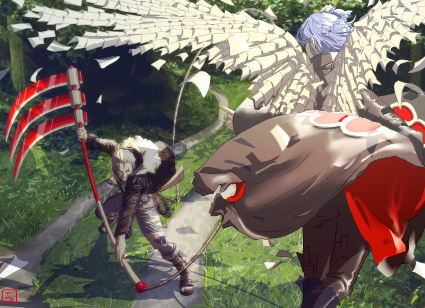 1boy 1girl akatsuki_uniform black_coat black_jacket coat eva_(invisibleninja12) fighting_stance flying from_behind frown fur_trim grass grin hair_slicked_back hidan_(naruto) highres holding holding_scythe holding_weapon jacket jewelry konan_(naruto) looking_at_another naruto naruto_(series) naruto_shippuuden necklace outdoors paper purple_hair scythe short_hair smile weapon white_hair white_wings wings