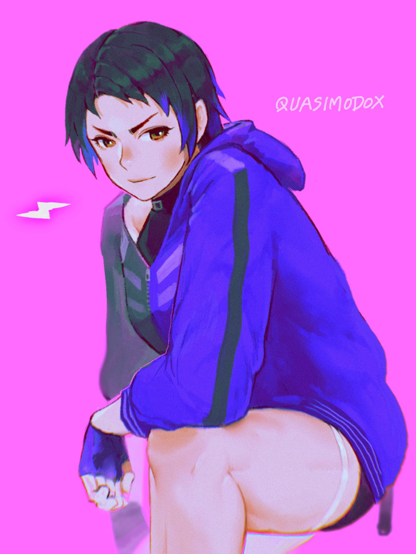 1girl artist_name black_hair blue_eyes breasts character_request cleavage commentary_request cowboy_shot fingerless_gloves gloves highres hood hoodie jacket looking_at_viewer multicolored_hair purple_background quasimodox simple_background solo tekken thighs two-tone_hair
