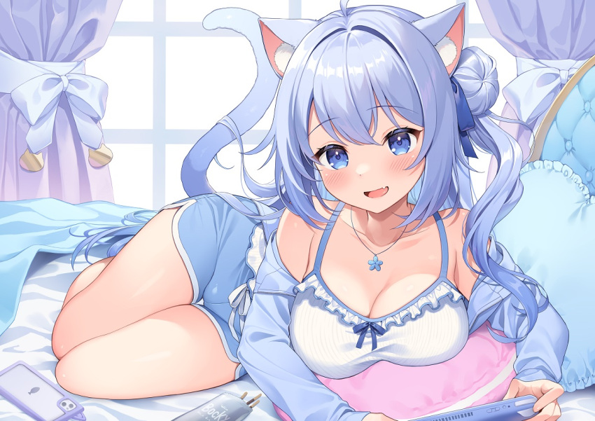 1girl :d ahoge animal_ear_fluff animal_ears bare_legs bare_shoulders blue_bow blue_eyes blue_hair blue_jacket blue_ribbon blue_shorts blush bow bow_camisole breast_rest breasts camisole cat_ears cat_girl cat_tail cleavage collarbone commission controller curtains day fang flipped_hair flower flower_necklace food frilled_camisole frilled_pillow frills game_console hair_between_eyes hair_bun hair_ribbon heart heart_pillow holding holding_controller indoors jacket jewelry large_breasts legs_together long_hair long_sleeves looking_at_viewer lying necklace off_shoulder on_bed open_clothes open_jacket open_mouth original pillow pocky ribbon shorts side_ponytail single_side_bun skeb_commission skin_fang smile solo tail tail_raised takanashi_(takanashi_tkns) thigh_gap twisted_torso wavy_hair white_camisole window