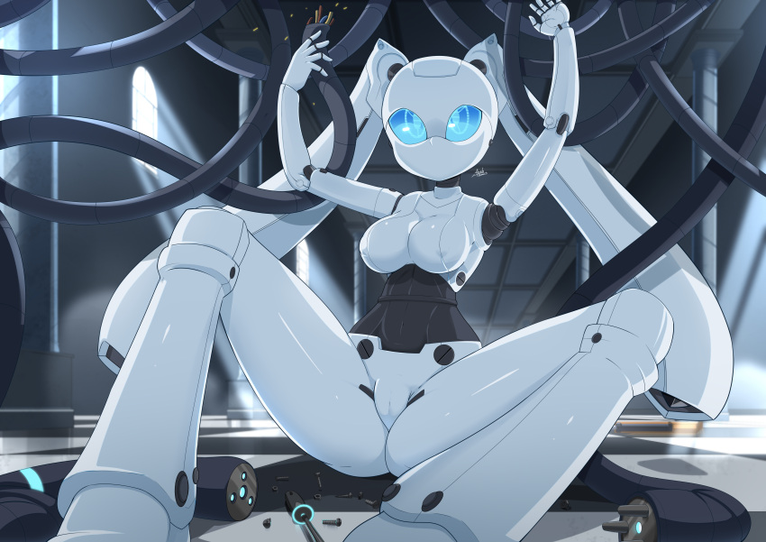 absurd_res aonoexorcist100 blue_eyes breasts disney drossel_von_flugel_(fireball) female fireball_(disney) genitals hi_res humanoid machine mouthless not_furry pussy robot robot_humanoid sitting solo spread_legs spreading twintails_(hairstyle)