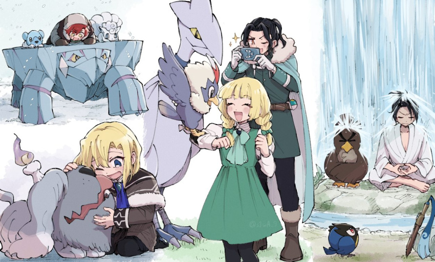 1girl 3boys black_hair blonde_hair blue_eyes braid child closed_eyes commentary_request dimitri_alexandre_blaiddyd dress felix_hugo_fraldarius fire_emblem fire_emblem:_three_houses ingrid_brandl_galatea long_sleeves multiple_boys one_eye_closed open_mouth orange_hair pantyhose pokemon rodrigue_achille_fraldarius s1wa_3 standing sylvain_jose_gautier tongue twin_braids water waterfall