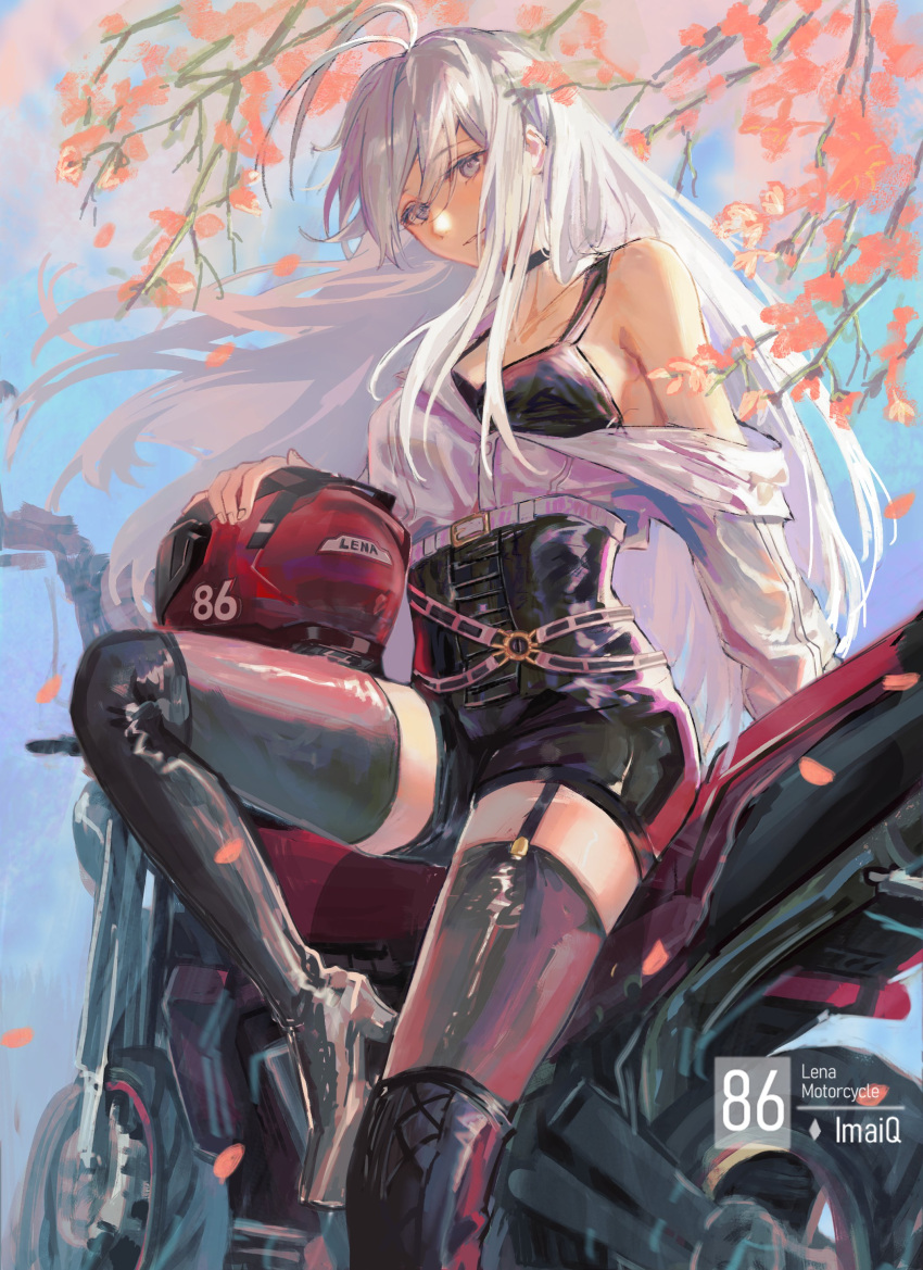 1girl 86_-eightysix- absurdres antenna_hair artist_name belt belt_buckle biker_clothes black_bra black_choker black_garter_straps black_shorts black_thighhighs blue_sky boots bra branch breasts buckle character_name choker copyright_name cropped_jacket english_commentary falling_leaves garter_straps grey_eyes grey_hair hair_between_eyes headwear_removed helmet helmet_removed high-waist_shorts highres holding holding_helmet jacket knee_up leaf leaning_against_motorcycle leather leather_boots leather_shorts light_smile long_hair long_sleeves looking_at_viewer motor_vehicle motorcycle motorcycle_helmet off_shoulder outdoors q_imai shorts sky solo thigh_boots thighhighs thighhighs_under_boots underwear vladilena_millize white_belt white_jacket
