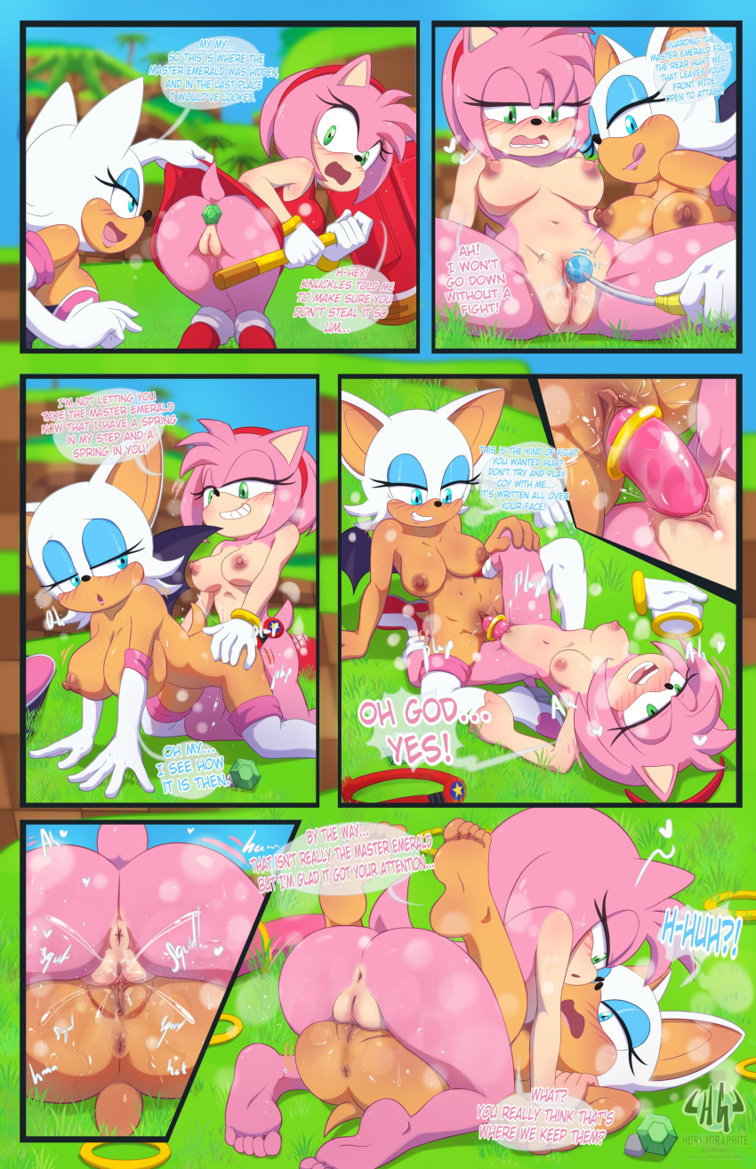 &lt;3 2023 5_fingers 5_toes absurd_res accessory all_fours amy_rose anthro anus areola armwear artist_name bat bat_wings big_breasts black_nose blue_eyes blurred_background blush bodily_fluids boots bracelet breasts breath butt clitoral clitoris close-up clothing comic cutaway detailed_background dialogue dildo doggystyle double_sided_dildo duo elbow_gloves emerald_(gem) english_text eulipotyphlan eye_contact eyelashes eyeshadow feet female female/female fingers footwear from_behind_position gem genital_fluids genitals gloves grass green_eyes hair hair_accessory hairband half-closed_eyes handwear hedgehog hi_res hornygraphite huge_breasts jewelry knee_boots knee_highs legwear lipstick looking_at_another looking_pleasured makeup mammal master_emerald membrane_(anatomy) membranous_wings mostly_nude narrowed_eyes navel nipples nude open_mouth outside pink_areola pink_hair pink_nipples plant plap pussy pussy_juice pussy_stacking rouge_the_bat sega sex sex_toy short_hair smile soles sonic_the_hedgehog_(series) sound_effects speech_bubble spread_legs spreading strapon strapon_sex teeth text toes toying_partner tribadism url vaginal watermark white_hair wings