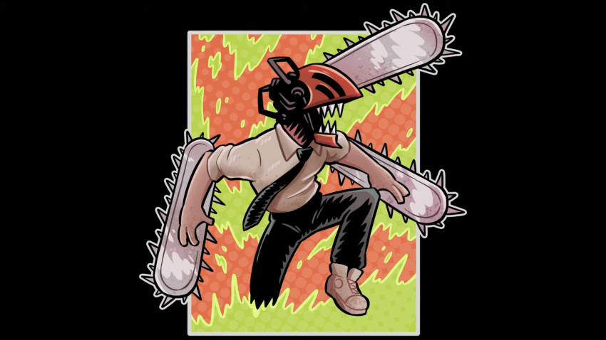 ambiguous_gender blade bottomwear chainsaw chainsaw_man clothed clothing demon denji_(chainsaw_man) drawfee footwear fully_clothed hi_res humanoid jacob_andrews necktie pants power_tool sharp_teeth shirt shoes sneakers solo spikes teeth tools topwear