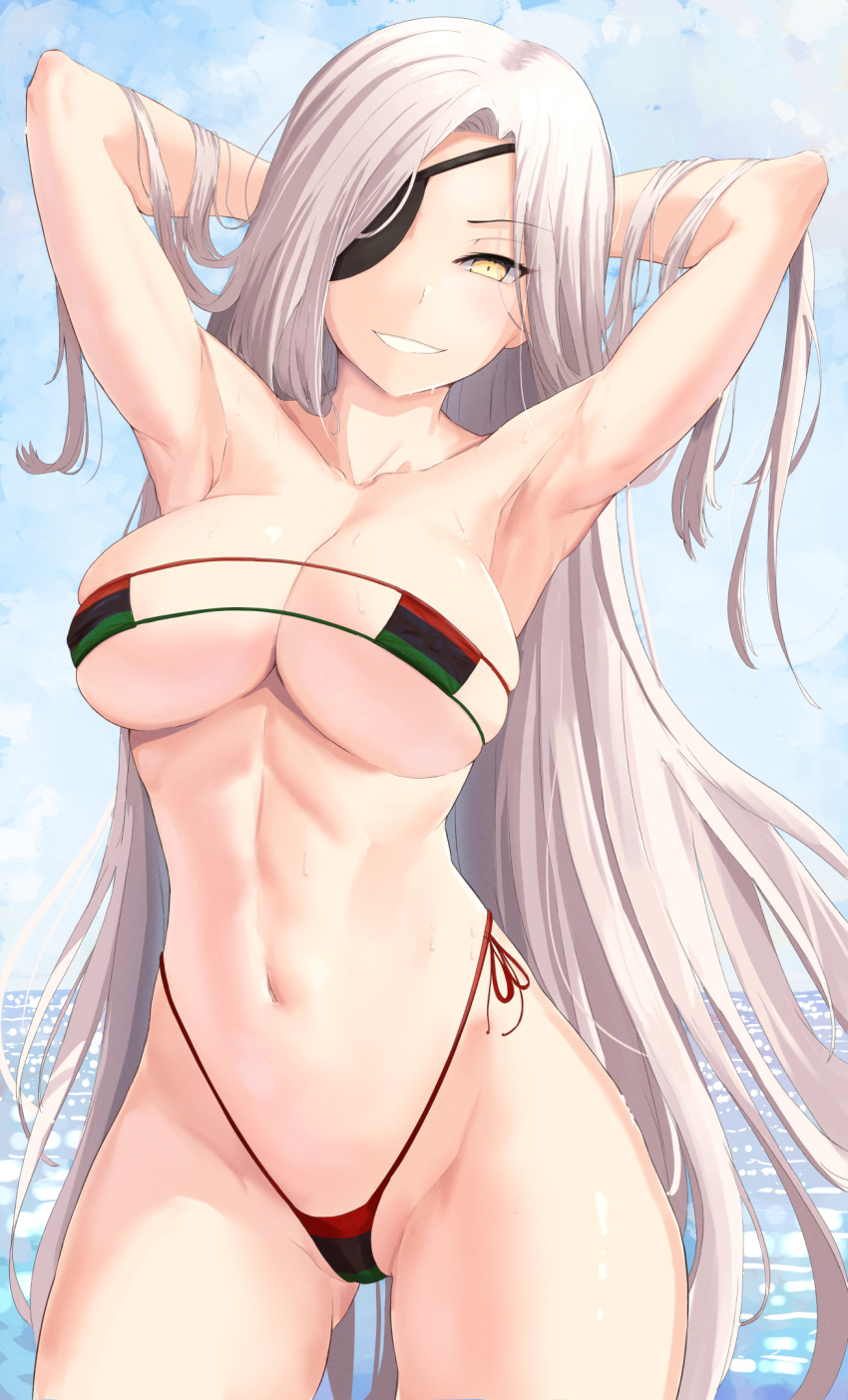 1girl alchemist_(girls'_frontline) armpits arms_behind_head beach bikini black_bikini breasts ceilinginmyroom collarbone commission day eyepatch girls'_frontline green_bikini grin highres large_breasts light_blush long_hair looking_at_viewer micro_bikini multicolored_bikini multicolored_clothes navel outdoors pixiv_commission red_bikini sangvis_ferri side-tie_bikini_bottom smile solo standing swimsuit very_long_hair water wet white_hair yellow_eyes