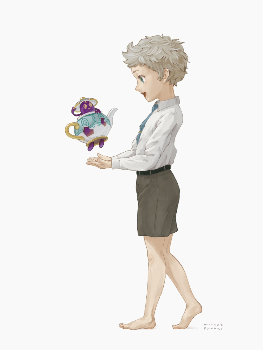 1boy :d barefoot belt black_belt blonde_hair collared_shirt commentary curly_hair eyelashes from_side green_eyes green_necktie highres long_sleeves male_focus mokuzou_(moku_ssbu) necktie open_mouth pokemon pokemon_(creature) polteageist shirt short_hair shorts signature simple_background smile symbol-only_commentary tie_clip white_background white_shirt