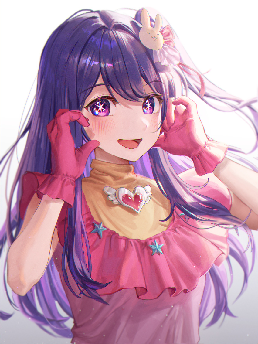 1girl absurdres blush brooch chabi009 commentary dress floating_hair frilled_dress frilled_gloves frills gloves gradient_background grey_background hair_between_eyes hair_ornament hair_ribbon half-heart_hands hands_up heart heart_brooch highres hoshino_ai_(oshi_no_ko) idol idol_clothes jewelry light_particles long_hair looking_at_viewer one_side_up open_mouth oshi_no_ko pink_dress pink_gloves pink_ribbon purple_eyes purple_hair rabbit_hair_ornament ribbon shadow sidelocks simple_background smile solo star-shaped_pupils star_(symbol) symbol-shaped_pupils turtleneck_dress upper_body white_background