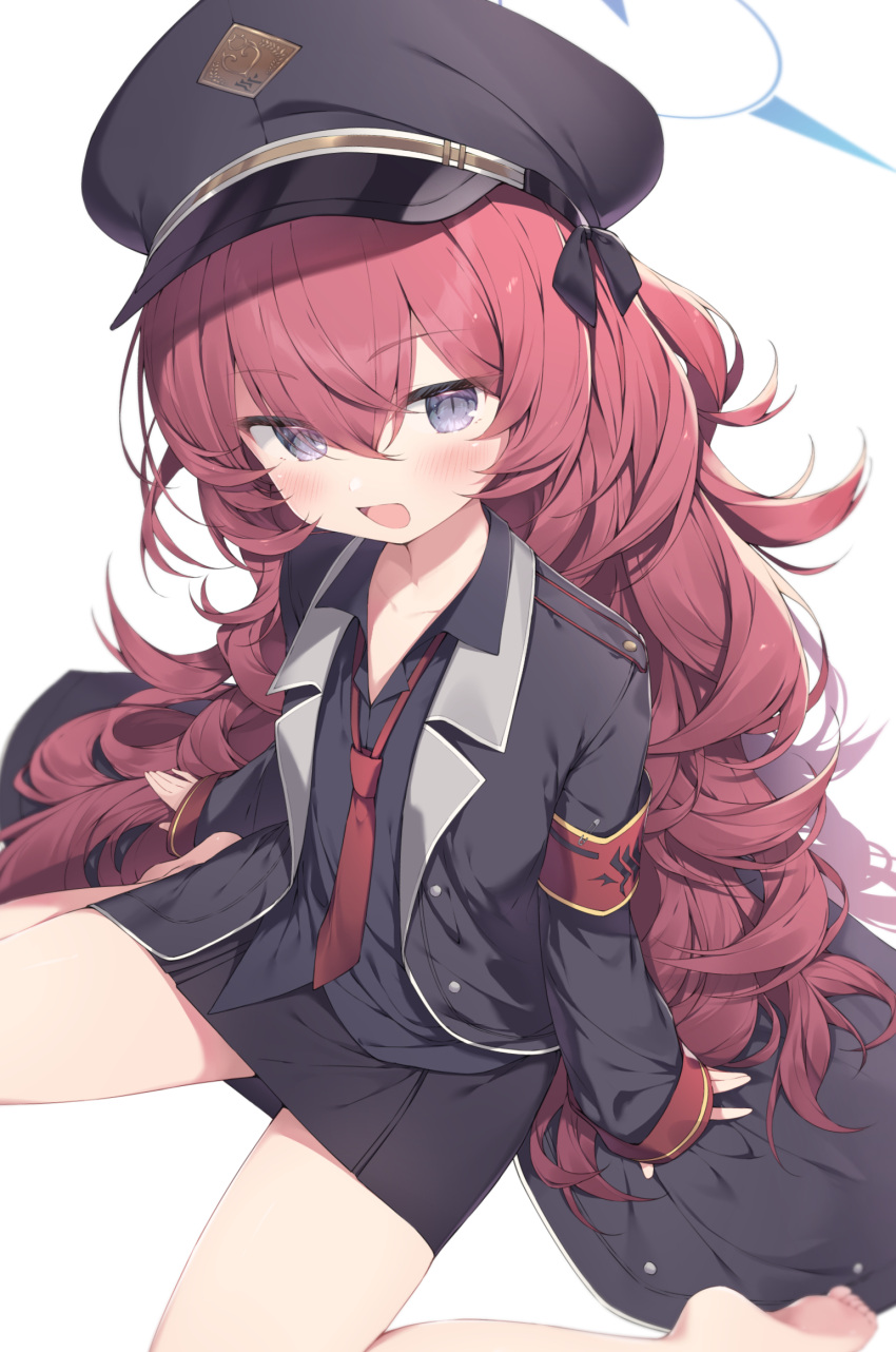 1girl arm_support armband bare_legs barefoot black_headwear black_shirt blue_archive collared_shirt from_above grey_eyes hair_between_eyes hair_ribbon halo hat highres iroha_(blue_archive) jacket long_hair long_sleeves looking_at_viewer loose_necktie military_hat military_jacket military_uniform necktie open_mouth peaked_cap pencil_skirt red_armband red_hair red_necktie ribbon shirt simple_background sitting skirt sleeves_past_wrists solo topia uniform very_long_hair wavy_hair white_background
