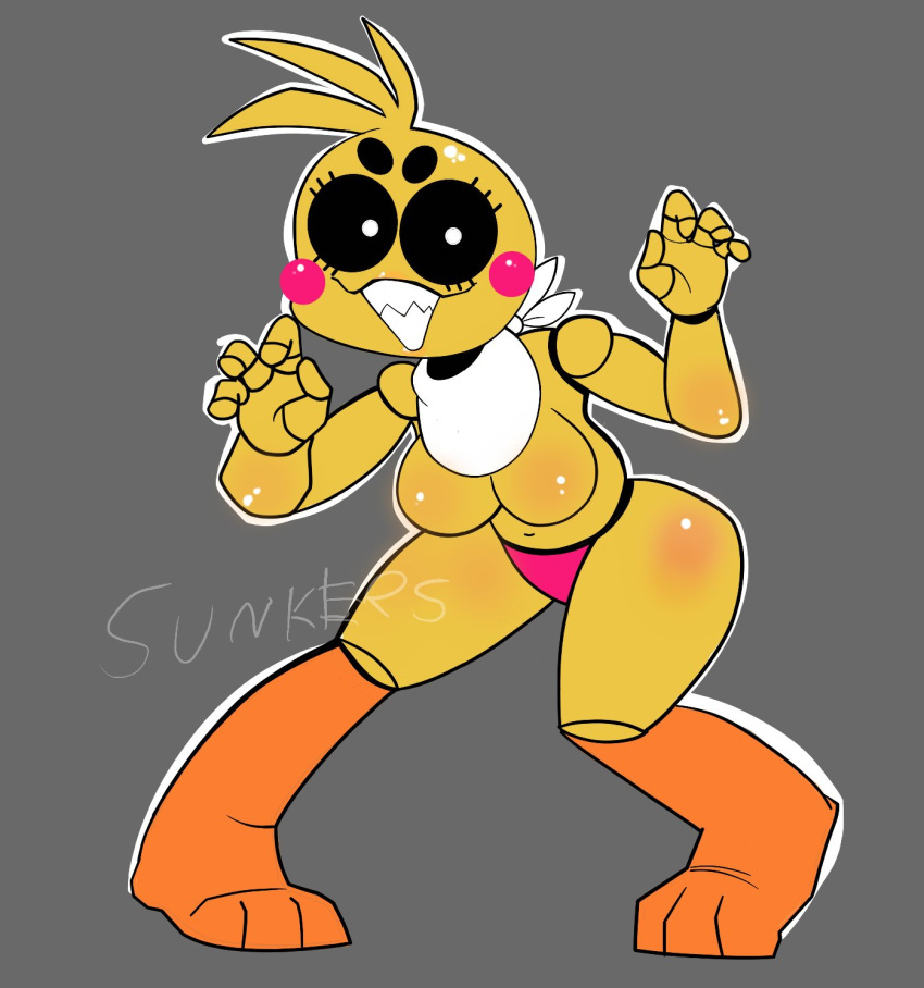 animatronic anthro avian bib big_breasts bird black_sclera breasts chicken clothing eyelashes featureless_breasts female five_nights_at_freddy's five_nights_at_freddy's_2 galliform gallus_(genus) grey_background head_feathers head_tuft hi_res looking_at_viewer machine navel panties phasianid pink_clothing pink_panties pink_underwear robot rosy_cheeks scottgames sharp_teeth simple_background smile solo sunkers teeth thick_thighs toy_chica_(fnaf) tuft underwear white_eyes wide_hips yellow_body