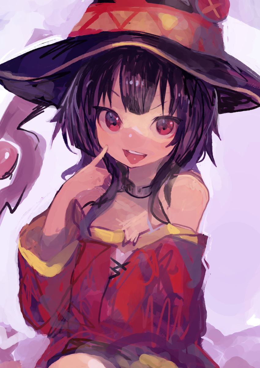 1girl absurdres akanbe black_choker black_hair choker cowboy_shot dress finger_to_cheek hat highres index_finger_raised kaamin_(mariarose753) kono_subarashii_sekai_ni_shukufuku_wo! looking_at_viewer medium_hair megumin off-shoulder_dress off_shoulder open_mouth red_dress red_eyes smile solo staff tongue tongue_out v-shaped_eyebrows witch_hat