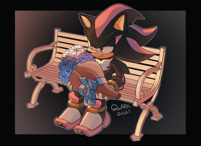 1boy 2021 bench black_border border bouquet furry furry_male gloves gradient_background grey_outline holding holding_bouquet male_focus quark196 shadow_the_hedgehog signature sitting solo sonic_(series) white_fur white_gloves