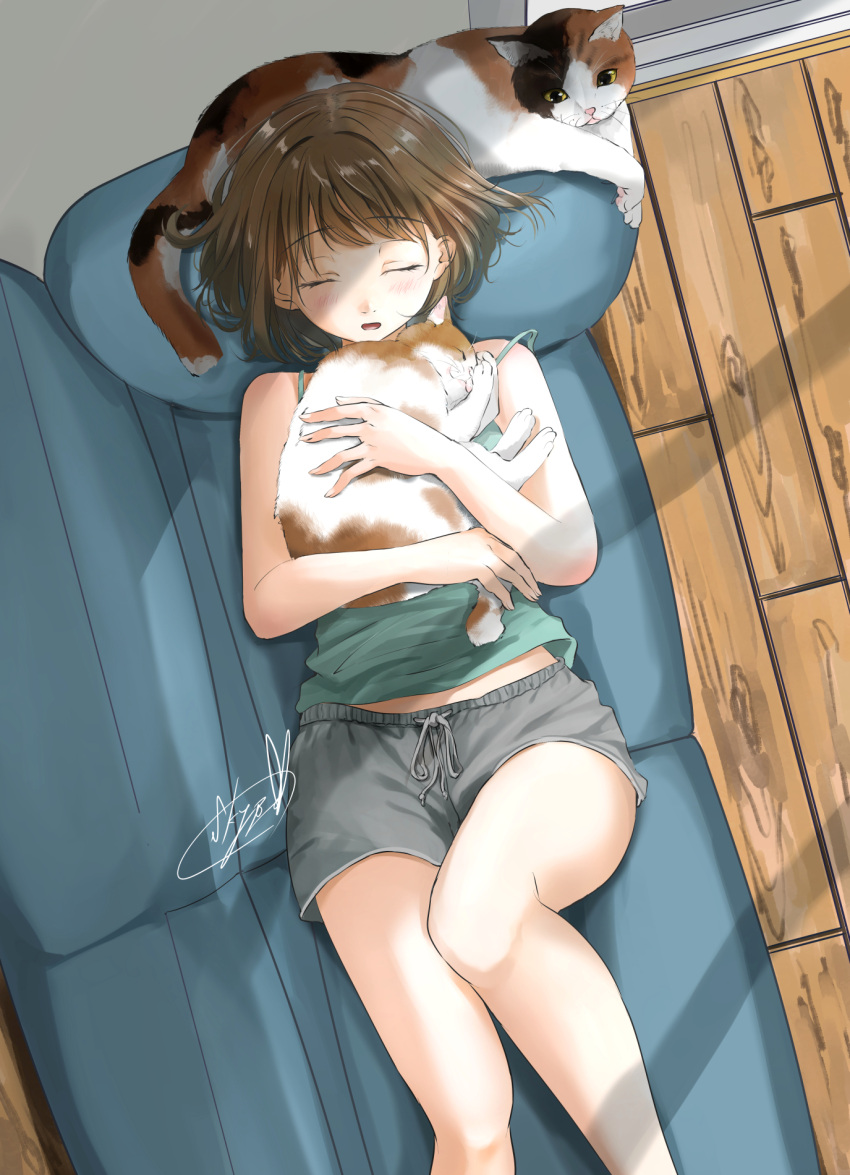 1girl animal bare_shoulders blush brown_hair cat closed_eyes couch day from_above green_shirt grey_shorts highres holding holding_animal holding_cat indoors loungewear lying on_couch open_mouth original shirt short_hair short_shorts shorts signature sleeping solo soragane_(banisinngurei) tank_top window wooden_floor