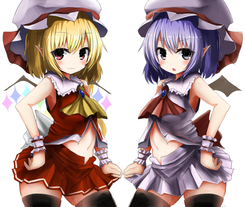 2girls ascot bat_wings black_thighhighs blonde_hair closed_mouth commentary_request cowboy_shot crystal flandre_scarlet hat hat_ribbon highres kihuzinz looking_at_viewer midriff mob_cap multiple_girls navel one_side_up open_mouth pink_shirt pink_skirt pointy_ears purple_eyes red_ascot red_eyes red_ribbon red_shirt red_skirt remilia_scarlet ribbon shirt short_hair siblings simple_background sisters skirt thighhighs touhou white_background white_headwear wings wrist_cuffs yellow_ascot