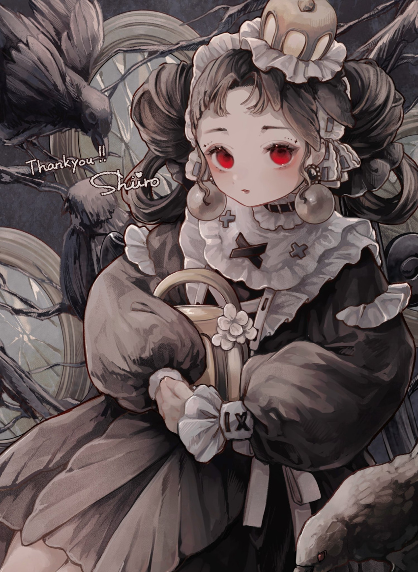 1girl bangs black_choker black_hair choker collar commission dress frilled_collar frilled_dress frills highres looking_at_viewer original parted_bangs puffy_sleeves red_eyes shiiro_illust skeb_commission solo
