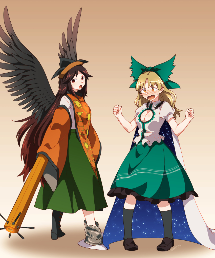2girls alternate_costume arm_cannon black_footwear blonde_hair blouse blush bow breasts brown_hair cape cleavage cleavage_cutout clothing_cutout cosplay costume_switch detached_sleeves embarrassed full-face_blush full_body gradient_background green_bow green_skirt hair_bow hands_up hat highres large_breasts long_hair long_sleeves matara_okina matara_okina_(cosplay) medium_skirt multiple_girls open_mouth puffy_short_sleeves puffy_sleeves reiuji_utsuho reiuji_utsuho_(cosplay) shadow shikido_(khf) shirt short_sleeves skirt standing tabard touhou weapon white_shirt wings