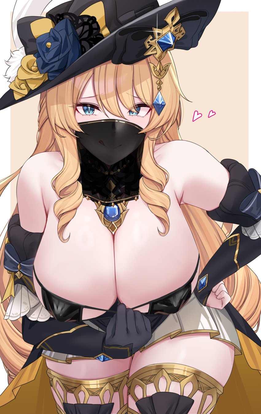 1girl :q absurdres bare_shoulders black_headwear blonde_hair blue_eyes breasts cleavage commentary cowboy_shot detached_sleeves dress genshin_impact highres kanta_(kanta_077) large_breasts leaning_forward long_hair long_sleeves looking_at_viewer mouth_veil navia_(genshin_impact) smile solo standing strapless strapless_dress thighlet thighs tongue tongue_out veil very_long_hair