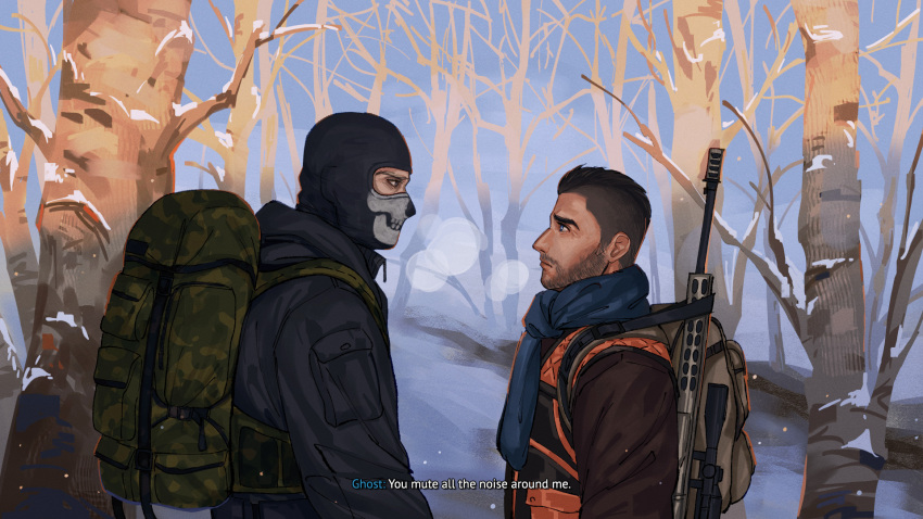2boys backpack bag black_hair black_jacket brown_jacket call_of_duty call_of_duty:_modern_warfare_2 character_name day english_text facial_hair ghost_(modern_warfare_2) gun highres jacket looking_at_another male_focus mask multiple_boys orange_vest outdoors short_hair sidecut skull_mask soap_(modern_warfare_2) stinglesswasp upper_body vest weapon weapon_on_back
