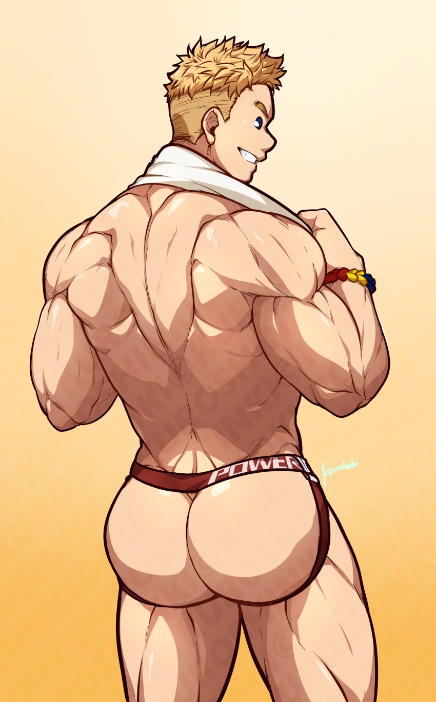 1boy absurdres artist_name ass back bara blonde_hair blue_eyes boku_no_hero_academia gradient_background highres jockstrap kuroshinki male_focus male_underwear muscular muscular_male red_male_underwear short_hair simple_background smile solo teeth thick_thighs thighs togata_mirio topless_male towel towel_around_neck underwear