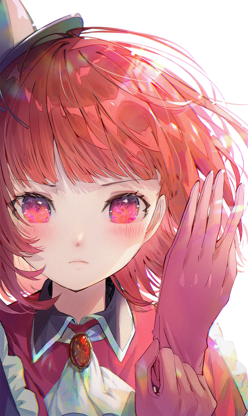 1girl arima_kana ascot blunt_bangs blush brooch chromatic_aberration closed_mouth collared_dress commentary_request dress floating_hair frills gloves hand_up hat highres idol idol_clothes jewelry lens_flare looking_at_viewer medium_hair mini_hat negimapurinn no_pupils oshi_no_ko pink_gloves putting_on_gloves red_eyes red_hair shadow simple_background solo upper_body white_ascot white_background