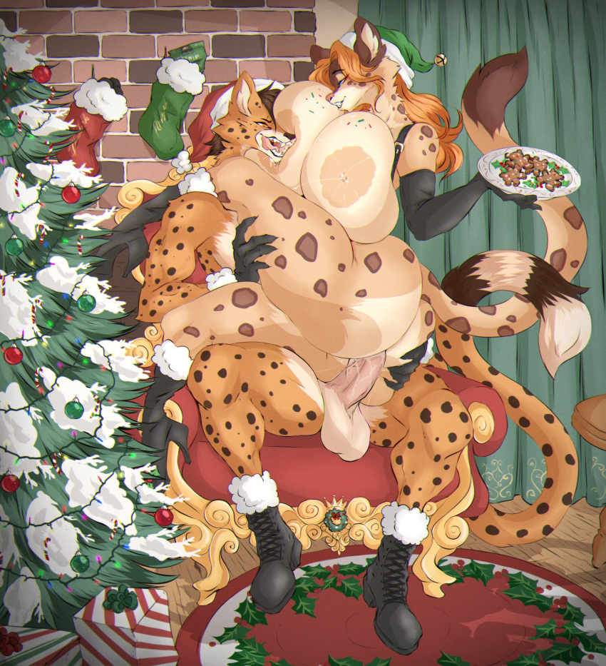 absurd_res anthro anthro_on_anthro anthro_penetrated anthro_penetrating anthro_penetrating_anthro areola armwear balls bedroom_eyes big_breasts big_butt big_penis black_hair black_spots boots breasts brown_spots butt cheek_tuft cheetah chin_tuft christmas christmas_clothing christmas_cookies christmas_headwear christmas_tree clothing cookie dullvivid duo elbow_gloves erection facial_tuft felid feline female female_penetrated food footwear fur genitals gloves hair half-closed_eyes handwear hat headgear headwear hi_res high_heeled_boots high_heels holidays huge_breasts huge_butt huge_penis humanoid_genitalia humanoid_penis leopard licking licking_lips long_hair male male/female male_penetrating male_penetrating_female mammal markings narrowed_eyes nipples on_lap orange_body orange_fur pantherine penetration penile penile_penetration penis penis_in_pussy pink_penis plant santa_hat seductive sex sitting_on_lap smile smirk smug smug_face smug_grin spots spotted_body spotted_fur spotted_markings tan_areola tan_body tan_fur tan_nipples thick_thighs tight_clothing tongue tongue_out tree tuft vaginal vaginal_penetration vein veiny_penis wide_hips