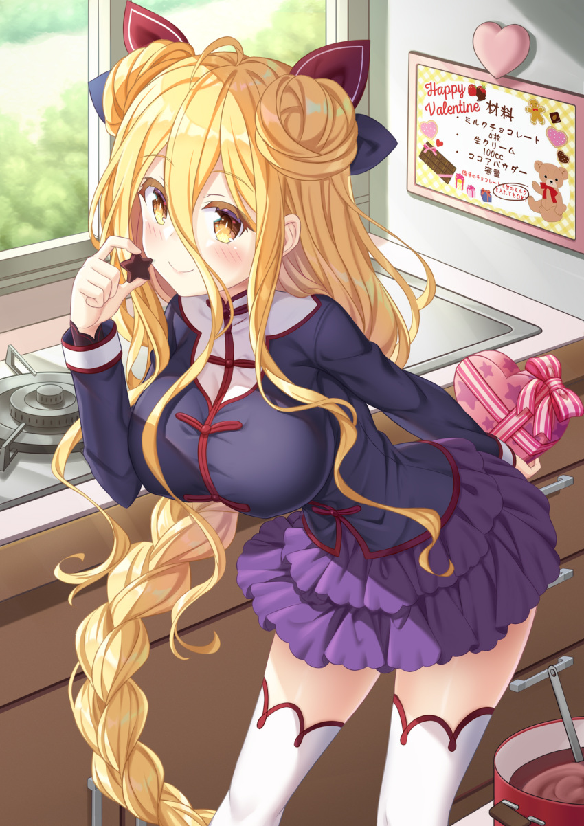 1girl blonde_hair blush breasts chinese_clothes chocolate date_a_live frilled_skirt frills hair_between_eyes highres hoshimiya_mukuro indoors kitchen large_breasts long_hair looking_at_viewer purple_skirt skirt smile thighhighs tsubasaki valentine very_long_hair white_thighhighs window yellow_eyes