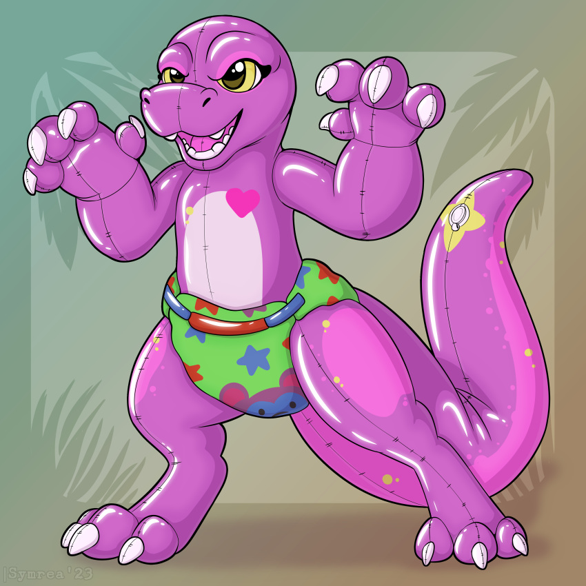 1:1 absurd_res animate_inanimate anthro claws clothed clothing diaper dinosaur fierce hi_res inflatable inflation_valve living_inflatable male markings open_mouth pattern_diaper pool_toy raised_claws reptile scalie simple_background solo spread_legs spreading symrea tail tail_markings wearing_diaper zoran
