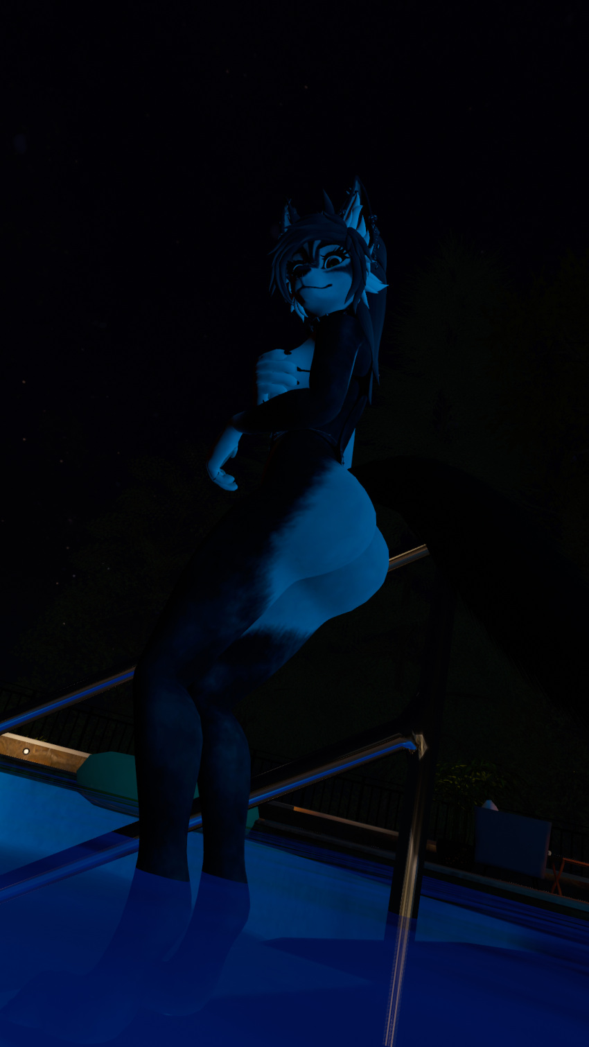 bunnywolf_boi butt canid canine canis cute_eyes exposed_ass female feral hair hi_res human long_hair lonliness mammal pool shy solo submissive submissive_female vrchat wolf