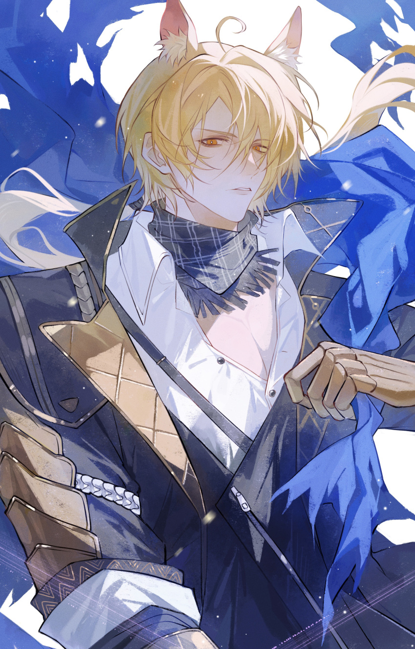 1boy absurdres animal_ear_fluff animal_ears arknights bishounen black_jacket blonde_hair blue_scarf highres holding_cloth horse_boy horse_ears jacket long_sleeves looking_at_viewer male_focus mlynar_(arknights) orange_eyes parted_lips partially_unbuttoned pectoral_cleavage pectorals scarf shanzhamei23687 short_hair solo upper_body white_background