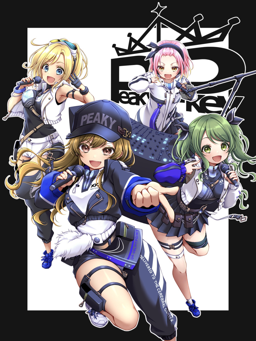 4girls black_background blonde_hair blue_eyes brown_eyes brown_hair d4dj green_eyes green_hair highres inuyose_shinobu long_hair looking_at_viewer medium_hair multicolored_background multicolored_hair multiple_girls orange_eyes peaky_p-key pink_hair piyopiyomaru_(piyo8823) sasago_jennifer_yuka shimizu_esora twintails white_background yamate_kyouko