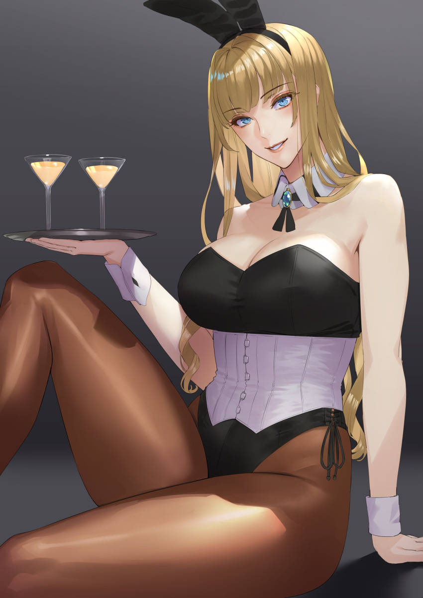 1girl absurdres animal_ears bare_shoulders black_leotard blonde_hair blue_eyes breasts brooch brown_pantyhose cleavage cocktail_glass corset covered_navel cup damegane detached_collar drinking_glass fake_animal_ears grin highleg highleg_leotard highres jewelry large_breasts leotard long_hair looking_at_viewer neck_ribbon original pantyhose playboy_bunny rabbit_ears ribbon sitting smile solo thighs tray wrist_cuffs