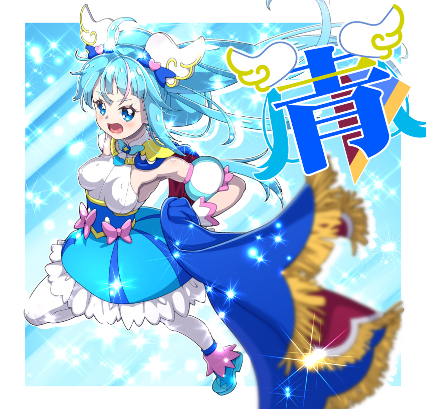 1girl ahoge ankle_boots blue_cape blue_dress blue_eyes blue_footwear blue_hair blurry blurry_foreground boots brooch cape commentary covered_nipples cure_sky cut_bangs depth_of_field detached_sleeves dress frilled_dress frills fringe_trim gloves highres hirogaru_sky!_precure jewelry kohsaka_jun leg_up long_hair looking_at_viewer magical_girl multicolored_hair open_mouth pantyhose pink_hair precure puffy_detached_sleeves puffy_sleeves red_cape short_dress single_sidelock sleeveless sleeveless_dress solo sora_harewataru sparkle streaked_hair twintails two-sided_cape two-sided_fabric very_long_hair white_gloves white_pantyhose wing_brooch wing_hair_ornament