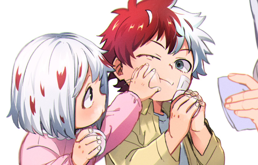 1boy 1girl 1other boku_no_hero_academia brother_and_sister grey_eyes hand_on_another's_face highres holding long_sleeves multicolored_hair nishino_(fetv8484) one_eye_closed pink_shirt red_hair shirt siblings todoroki_fuyumi todoroki_touya two-tone_hair white_background white_hair yellow_shirt