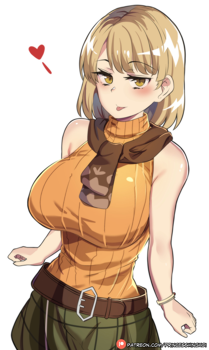 1girl absurdres ashley_graham bare_shoulders belt blonde_hair bracelet breasts brown_scarf green_skirt heart highres hinghoi jewelry large_breasts medium_hair orange_shirt resident_evil resident_evil_4 scarf shirt skirt sleeveless sleeveless_turtleneck solo tongue tongue_out turtleneck yellow_eyes