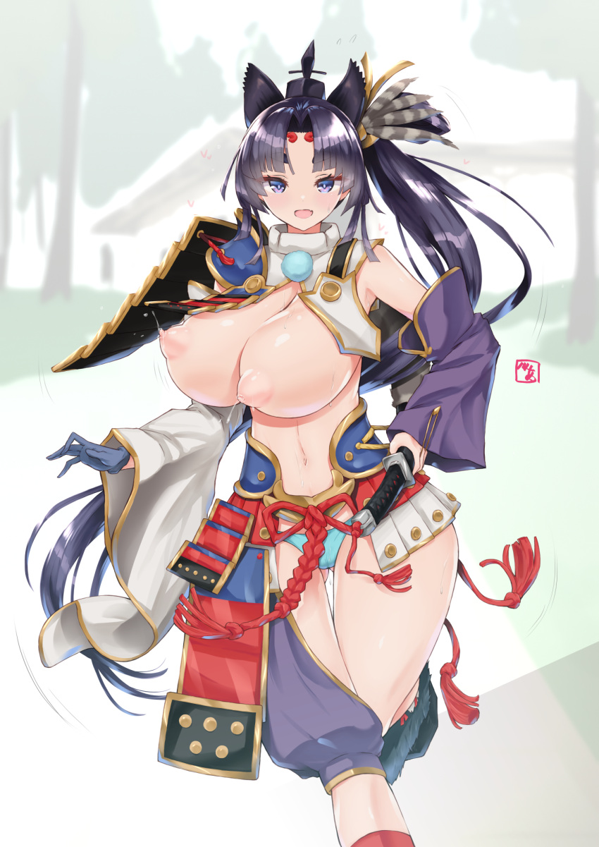 1girl alternate_breast_size armor asymmetrical_clothes asymmetrical_sleeves bea_(bropmlk) black_hair blue_eyes blue_gloves blue_panties braid breast_curtains breast_expansion breasts commentary_request detached_sleeves fate/grand_order fate_(series) feather_hair_ornament feathers gloves hair_ornament hat highres holding holding_sheath holding_sword holding_weapon japanese_armor katana kusazuri lactation large_breasts long_hair looking_at_viewer mismatched_sleeves navel nipples open_mouth panties parted_bangs pom_pom_(clothes) purple_sleeves revealing_clothes sheath shoulder_armor side_ponytail simple_background single_braid single_pantsleg smile sode solo sword tassel tate_eboshi underwear ushiwakamaru_(fate) very_long_hair weapon white_sleeves wide_sleeves