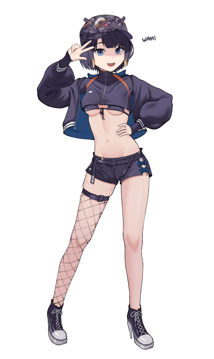 1girl absurdres badge baseball_cap bikini bikini_under_clothes black_bikini black_jacket black_shirt black_shorts blue_eyes breasts button_badge camouflage camouflage_headwear cosplay cropped_jacket cropped_shirt extra_ears fate/grand_order fate_(series) fishnet_thighhighs fishnets front-tie_top full_body hat high_heels highres hololive hololive_english jacket long_sleeves looking_at_viewer navel ninomae_ina'nis open_clothes open_jacket open_mouth orange_hair purple_hair shift_(shiftillust) shirt short_hair shorts side_slit single_thighhigh small_breasts smile swimsuit tentacle_hair thighhighs virtual_youtuber w_over_eye wah yang_guifei_(event_portrait)_(fate) yang_guifei_(fate) yang_guifei_(fate)_(cosplay)