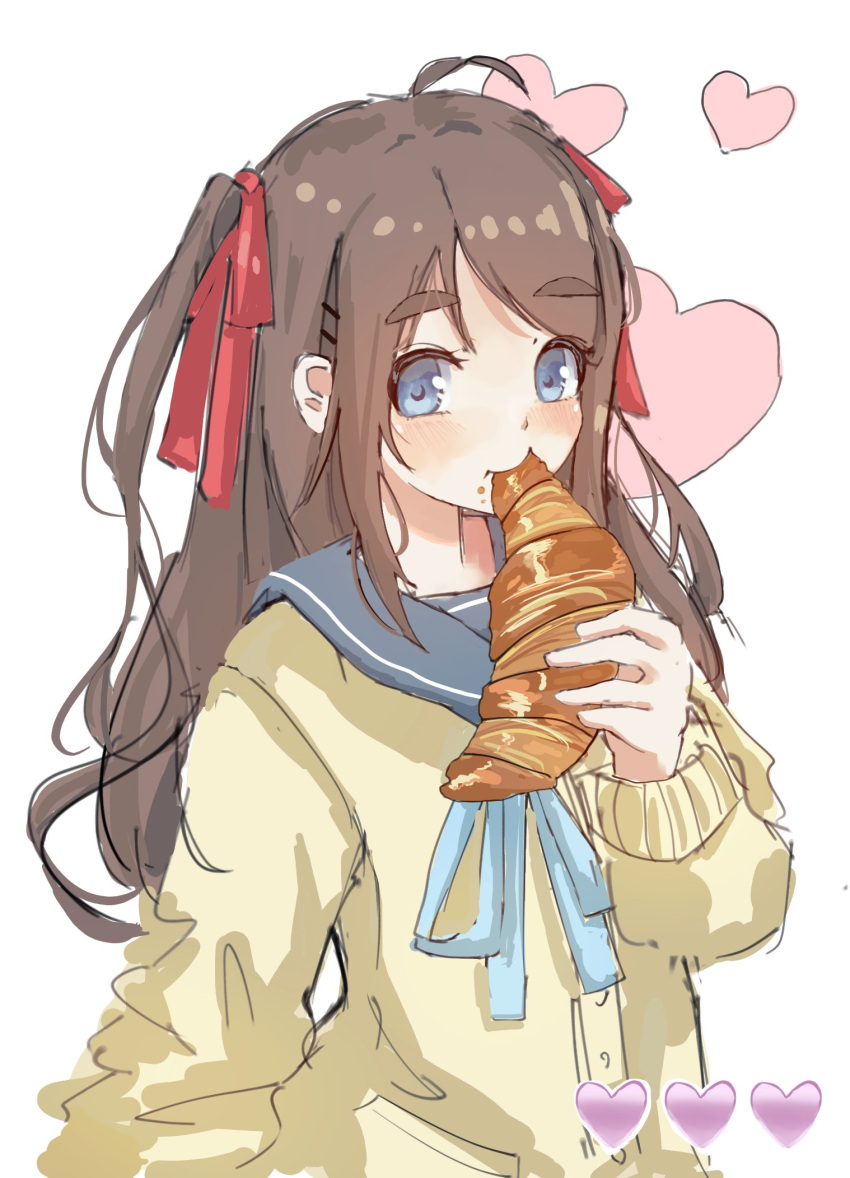 1girl ahoge blue_eyes blue_sailor_collar blush bread brown_hair cardigan croissant eating food food_in_mouth green_ribbon hair_ornament hair_ribbon hairclip heart highres indie_virtual_youtuber live2d_inc. long_hair looking_at_viewer momose_hiyori neck_ribbon neuro-sama red_ribbon ribbon sailor_collar school_uniform serafuku sidelocks thick_eyebrows two_side_up upper_body virtual_youtuber white_background wwparasi yellow_cardigan