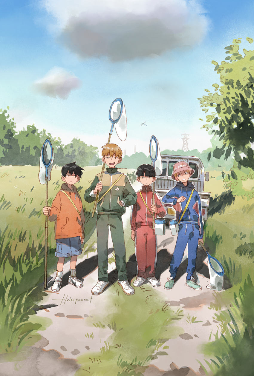 4boys :d absurdres ankle_socks blonde_hair blue_hoodie blue_pants blue_sky bowl_cut brothers bucket_hat bug bug_hunting butterfly_net cargo_shorts dragonfly grass green_pants green_track_suit hanazawa_teruki hand_in_pocket hand_net hat helenpeanut highres holding holding_butterfly_net hood hood_down hoodie insect_cage jacket kageyama_ritsu kageyama_shigeo male_focus mob_psycho_100 motor_vehicle multiple_boys nudge orange_hoodie outdoors pants pickup_truck pink_headwear red_pants red_track_suit reigen_arataka shoes short_hair shorts siblings sky smile sneakers socks track_jacket track_pants truck white_footwear