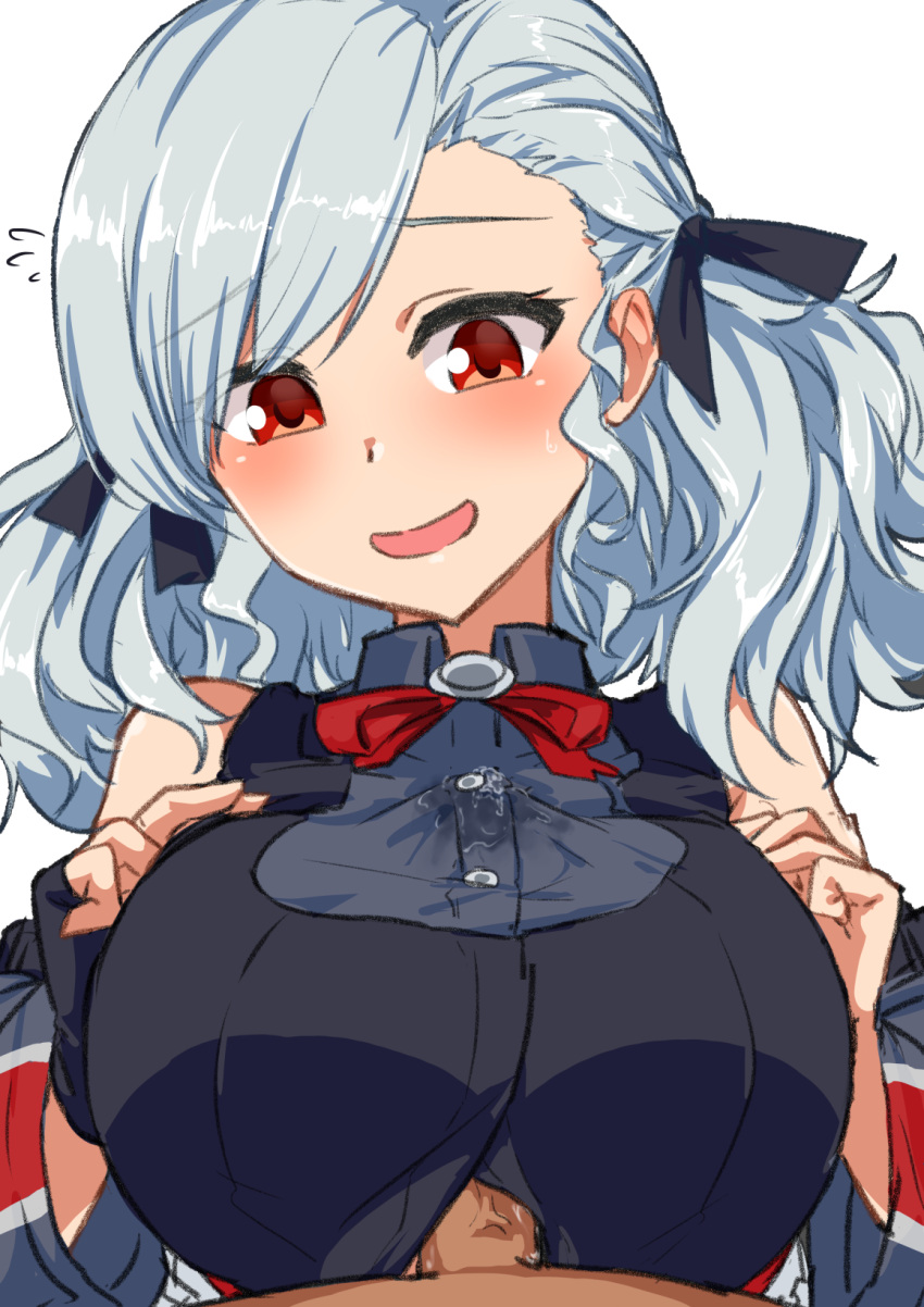 1girl black_ribbon blush bow bowtie breasts breasts_squeezed_together commentary detached_sleeves flying_sweatdrops girls'_frontline grey_hair grey_shirt hair_ribbon highres large_breasts long_hair looking_at_viewer nikomiudon_06 open_mouth paizuri paizuri_under_clothes penis pov precum precum_through_clothes red_bow red_bowtie red_eyes ribbon shirt simple_background smile solo spas-12_(girls'_frontline) twintails uncensored white_background
